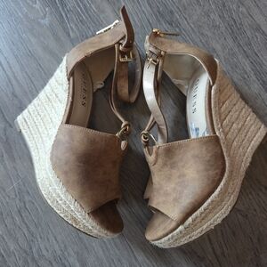 Guess Brown Wedge Sandals with Gold Accents